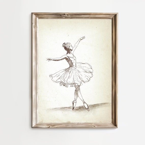 Vintage Ballerina Gallery Wall Neutral Rustic Sketch Art Dancing Ballerina Illustration