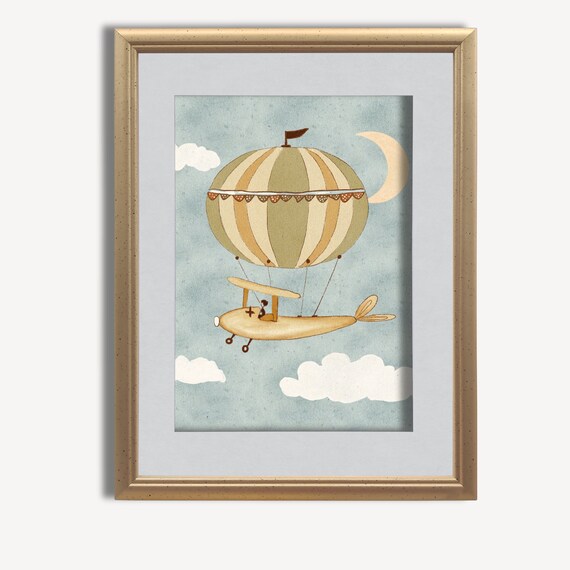 Whimsical Hot Air Balloon Airplane Dreamy Nursery Sky Poster