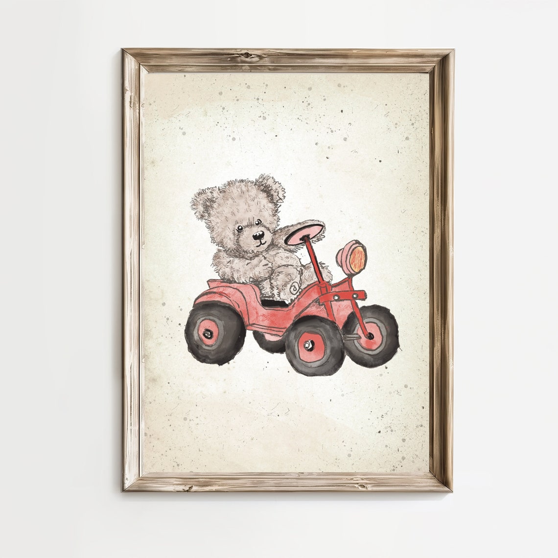 Teddy Bear Riding Red Tractor Front View Nursery Room Poster - Image 3