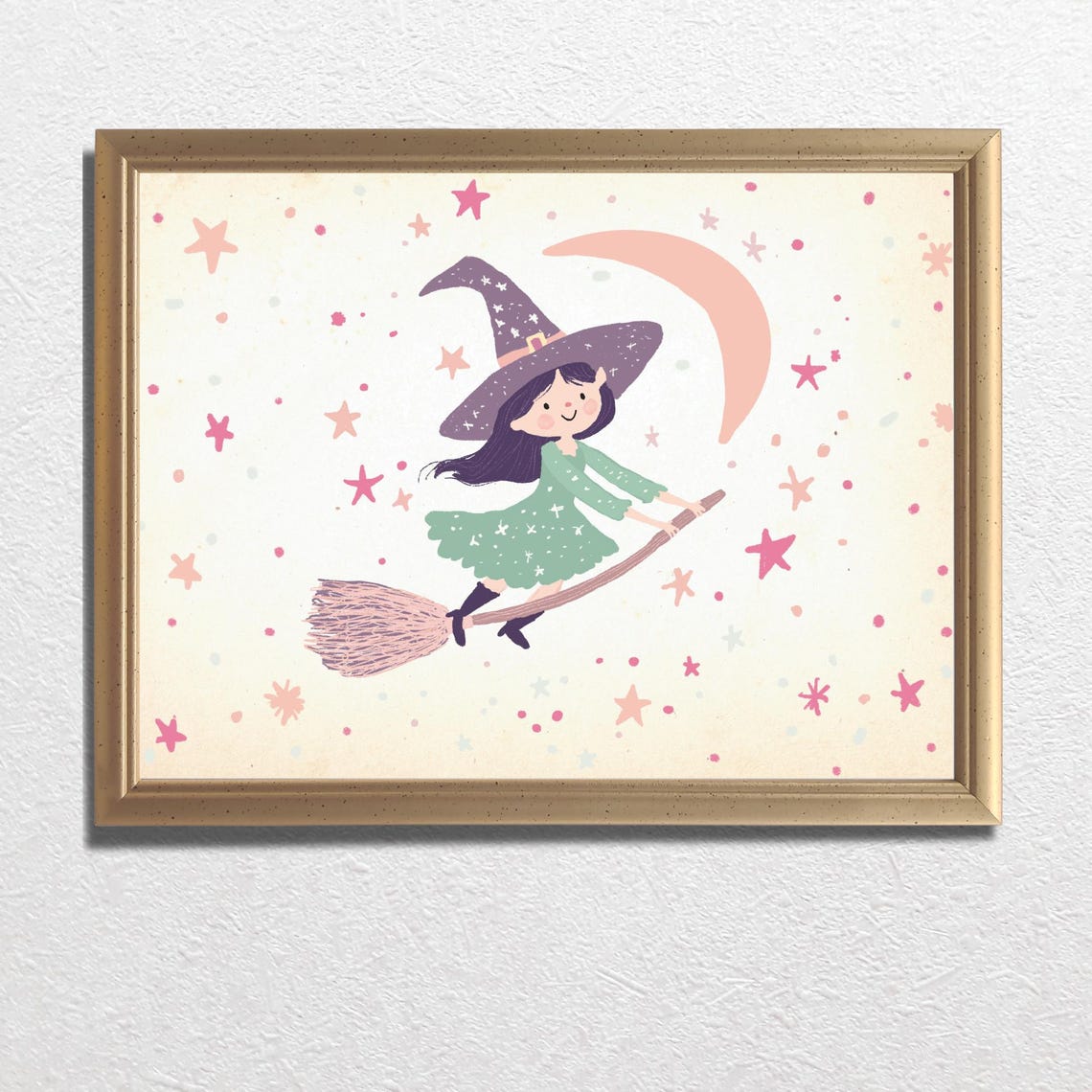 Friendly Witch Broomstick Pastel Moon Cute Halloween Nursery Poster - Image 3