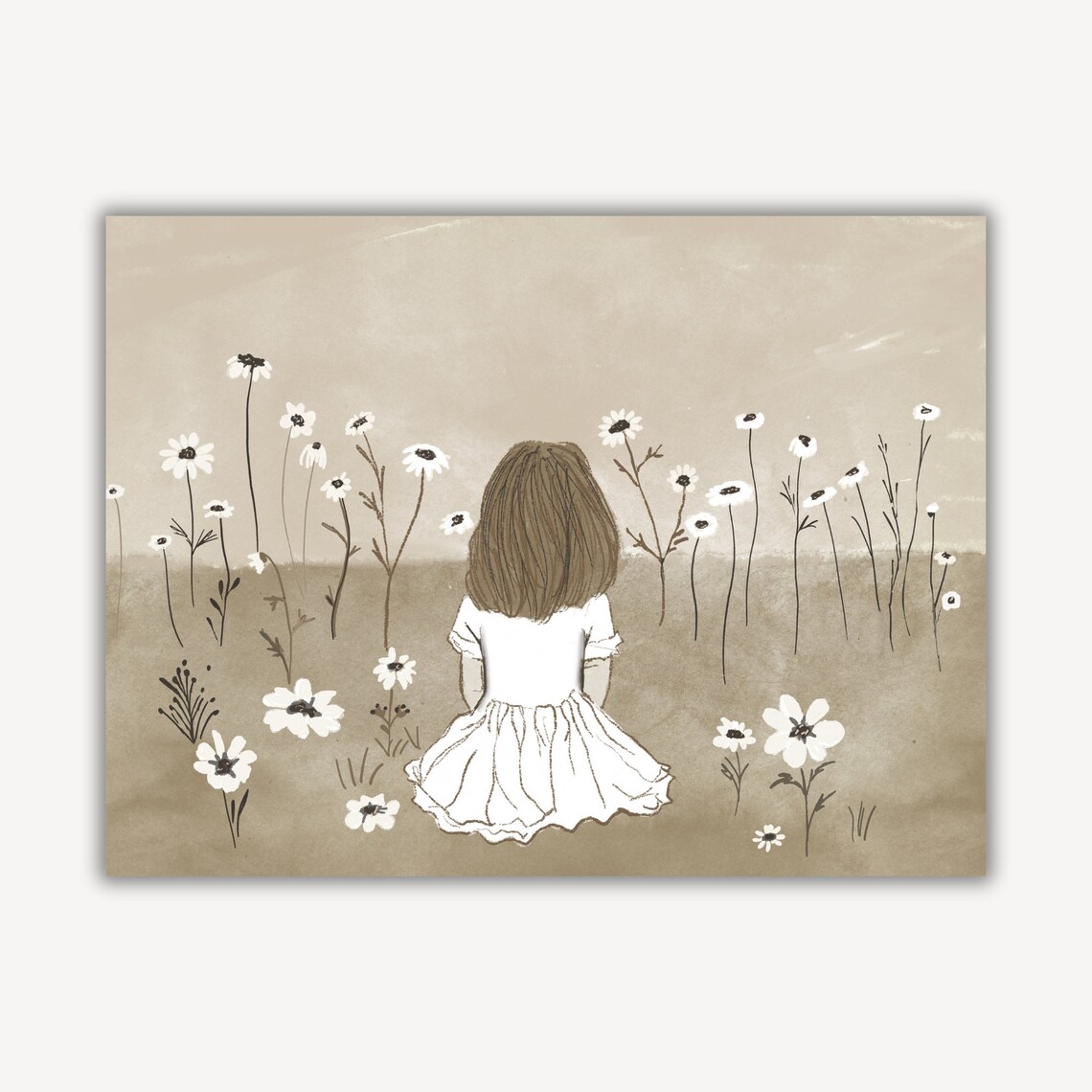 Little Girl in White Dress Wildflower Field Nursery Sketch Poster - Image 3