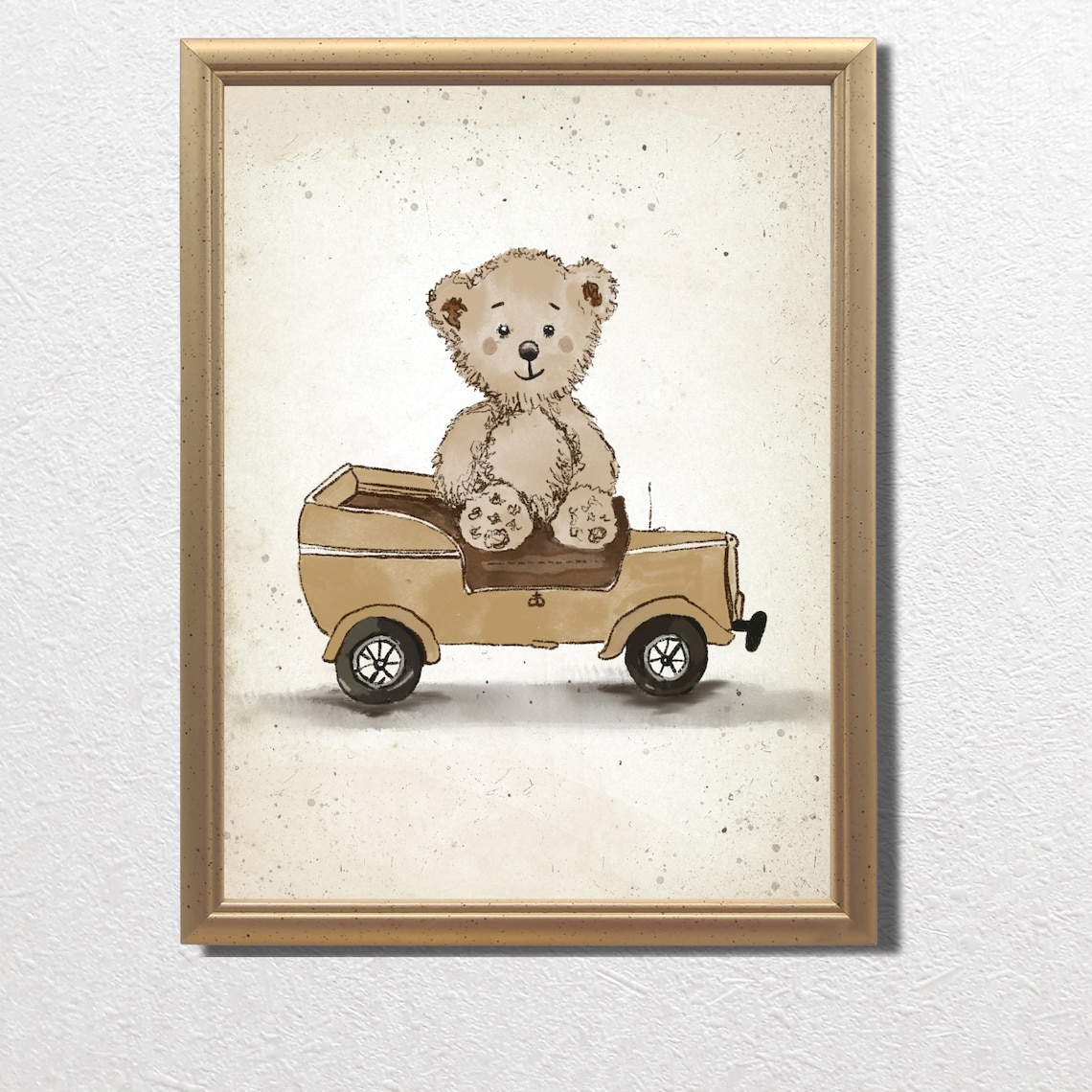 Teddy Bear Sitting In Vintage Toy Car Sketch Nursery Room Poster - Image 3