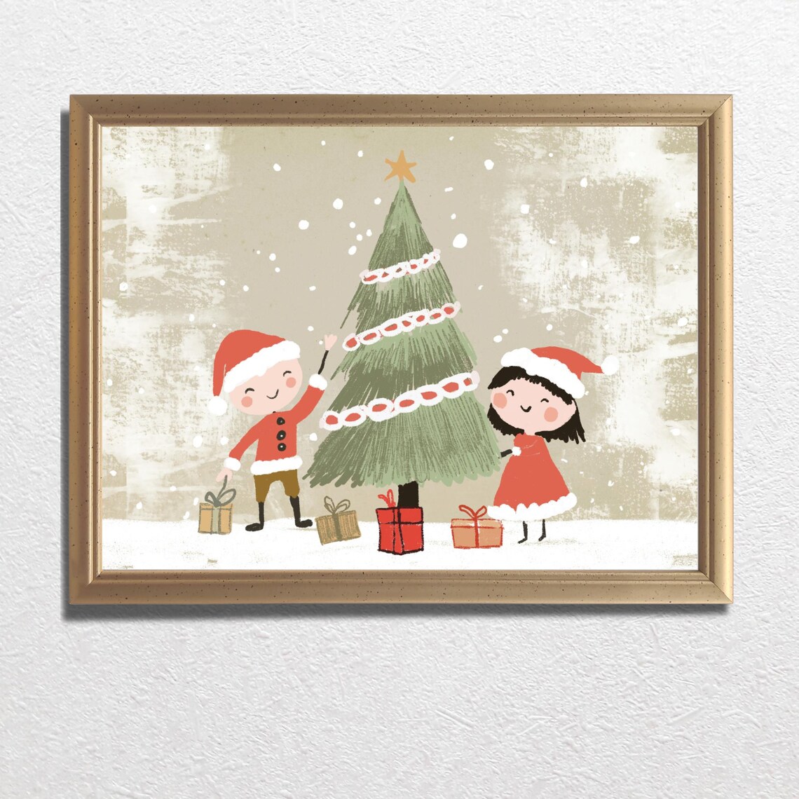 Kids Decorating Christmas Tree Santa Costumes Gifts Holiday Poster - Image 3