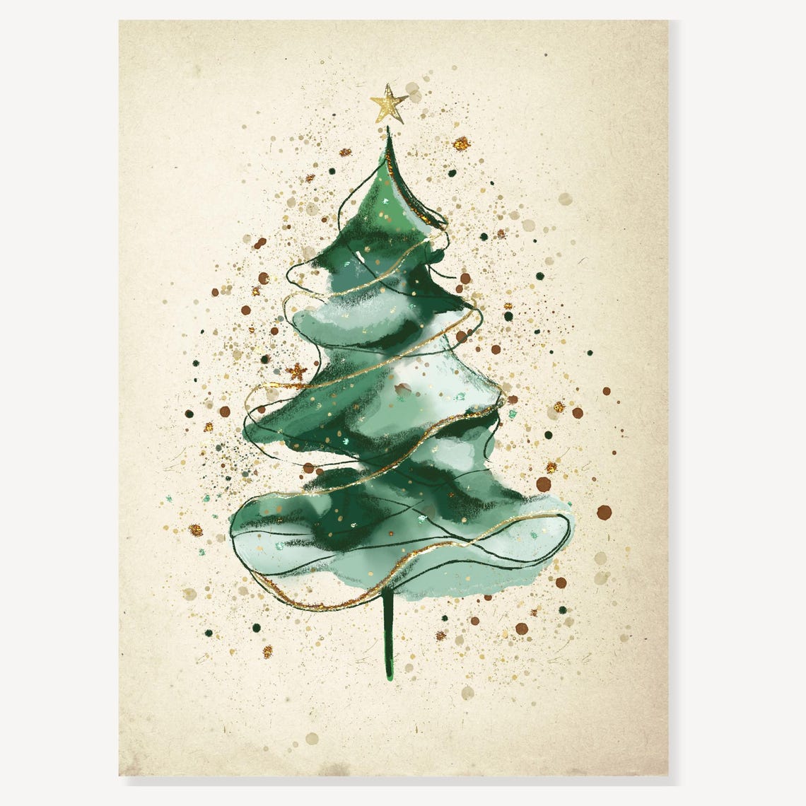 Watercolor Green Christmas Tree with Gold Star Holiday Poster - Image 2