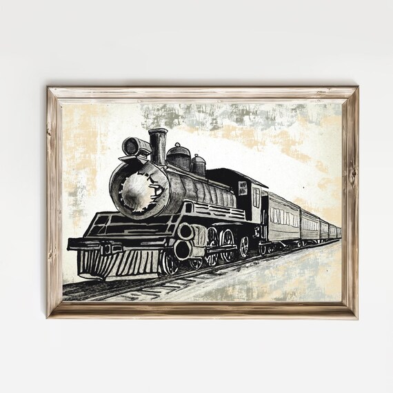 Vintage Steam Locomotive Ink Sketch Antique Train Nursery Poster