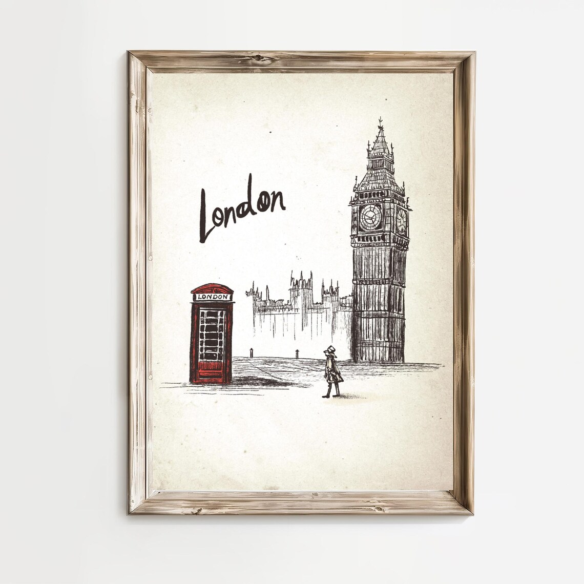 London Big Ben Red Phone Box Ink Sketch England Travel Poster