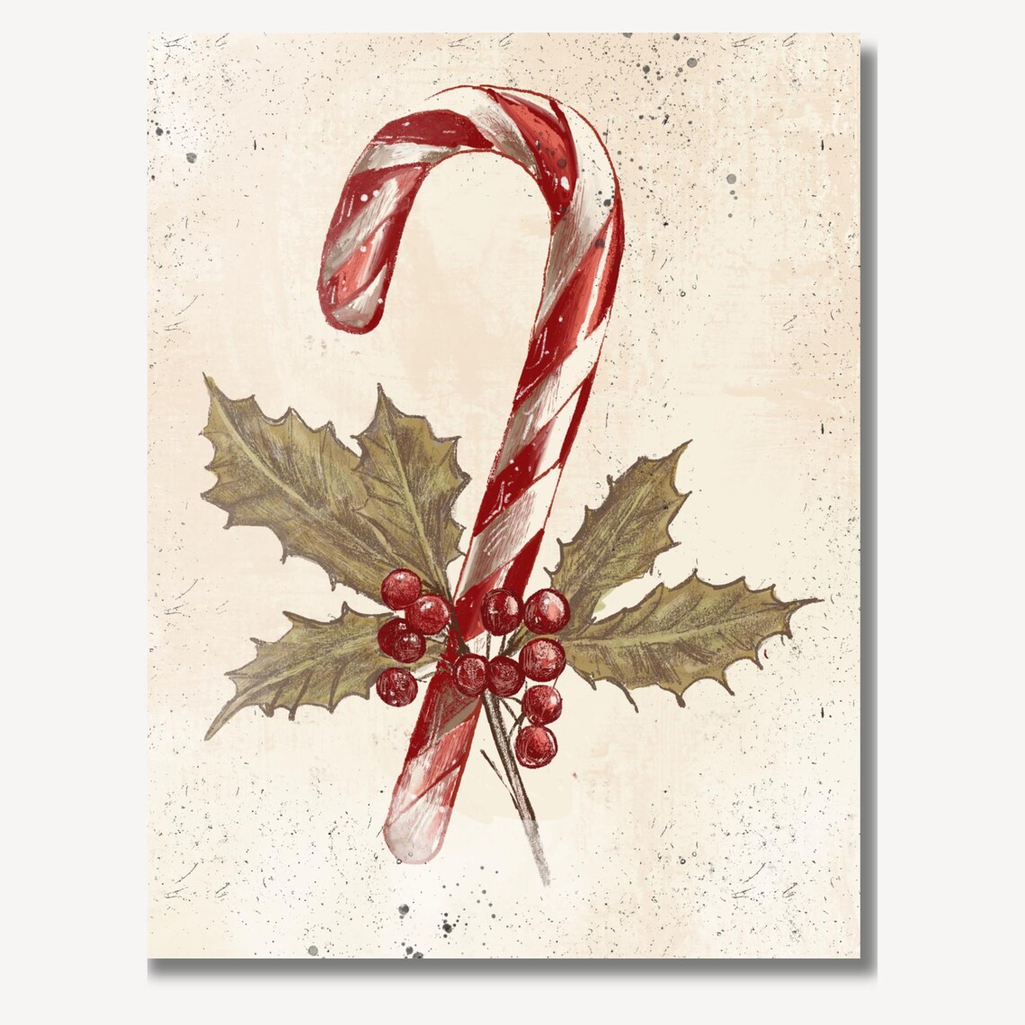 Vintage Candy Cane With Holly Leaves Red Berries Christmas Poster - Image 2