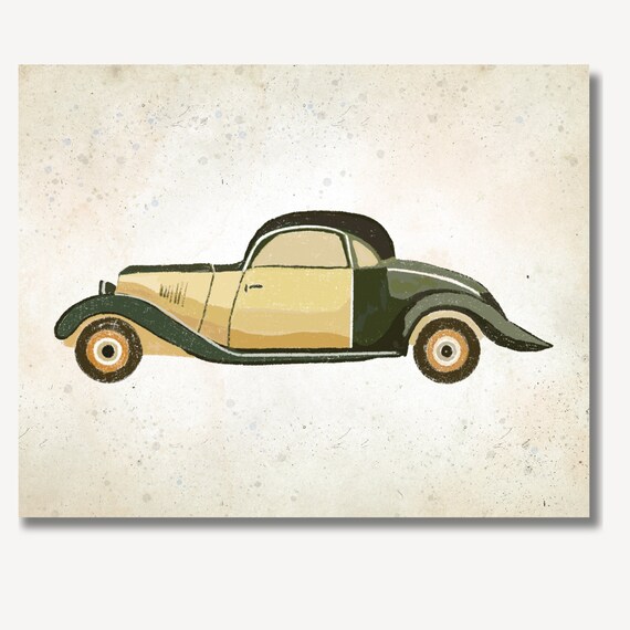 Classic Vintage Sports Car Green Cream Nursery Sketch Poster