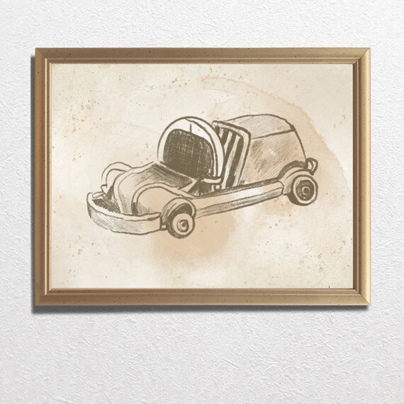 Vintage Toy Car Sepia Sketch For Nursery Wall Decor Poster Art