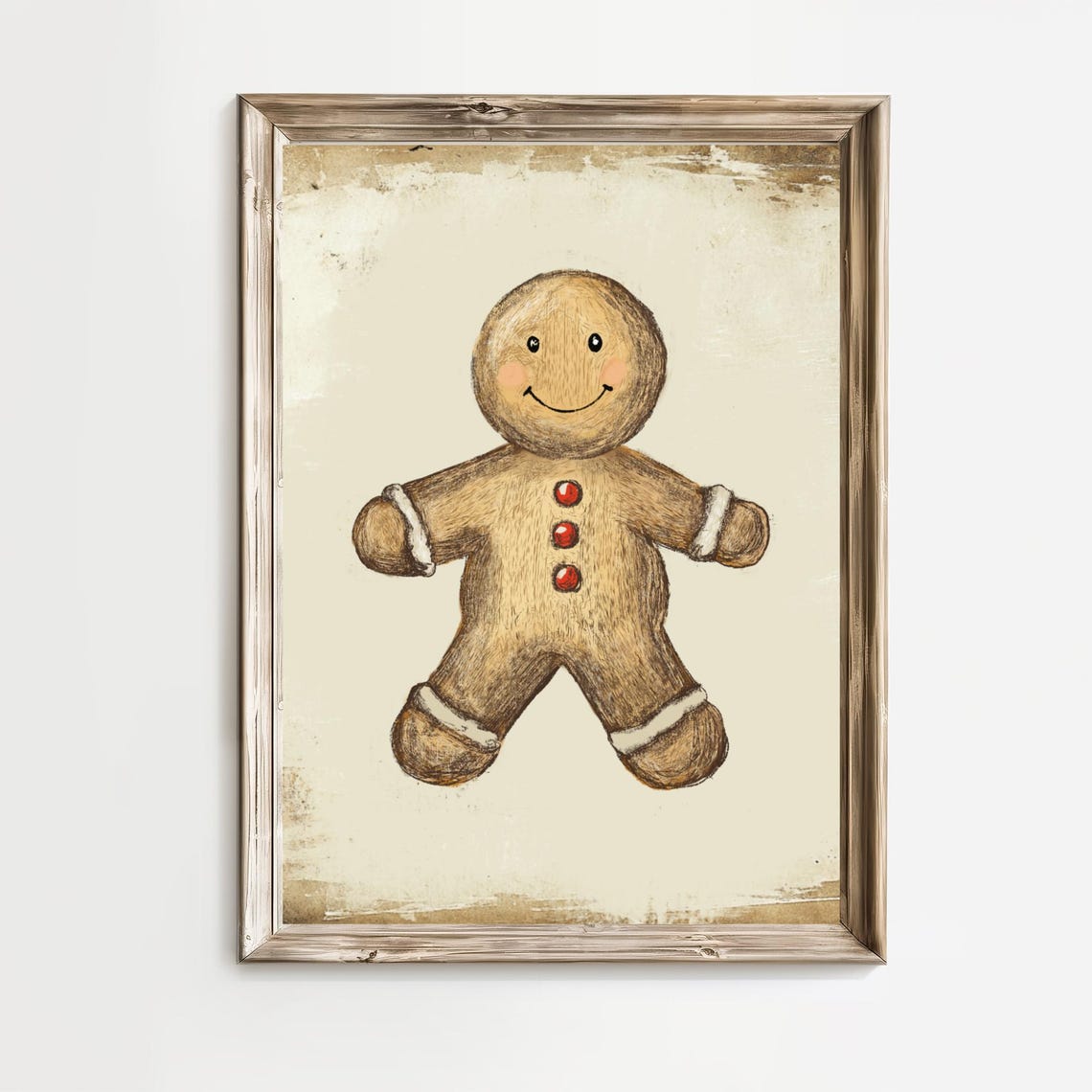 Smiling Gingerbread Man Cookie With Red Buttons Vintage Poster