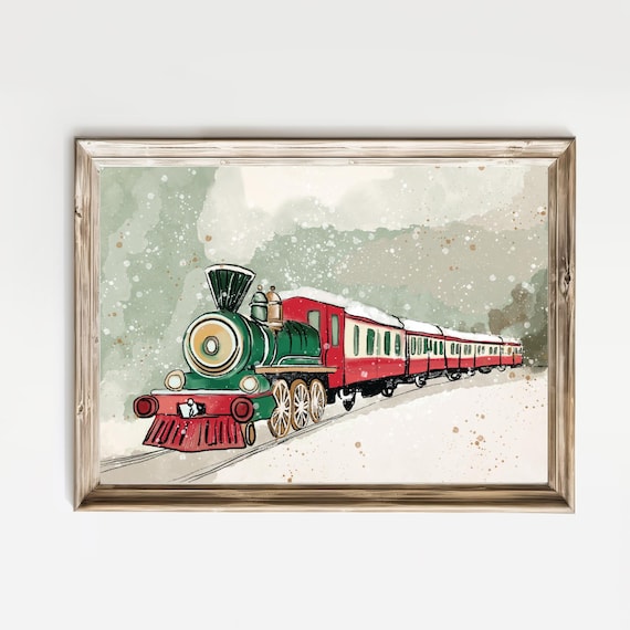 Christmas Steam Train In Falling Snow Vintage Holiday Style Poster