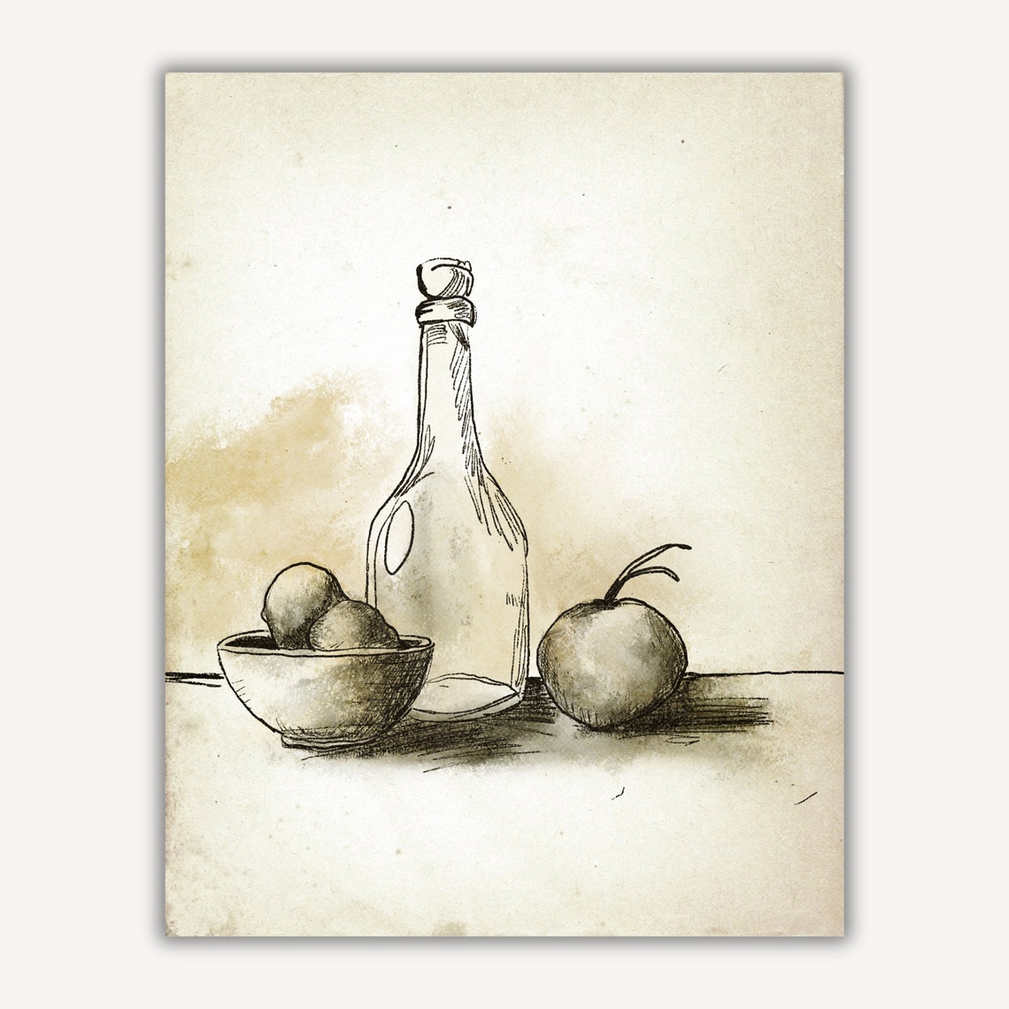 Vintage Still Life Sketch Bottle Bowl Fruit Neutral Kitchen Poster - Image 4