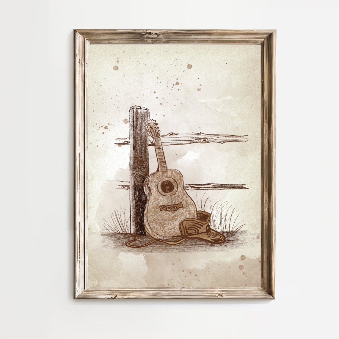 Acoustic Guitar Against Wooden Fence Sketch Country Western Poster - Image 3
