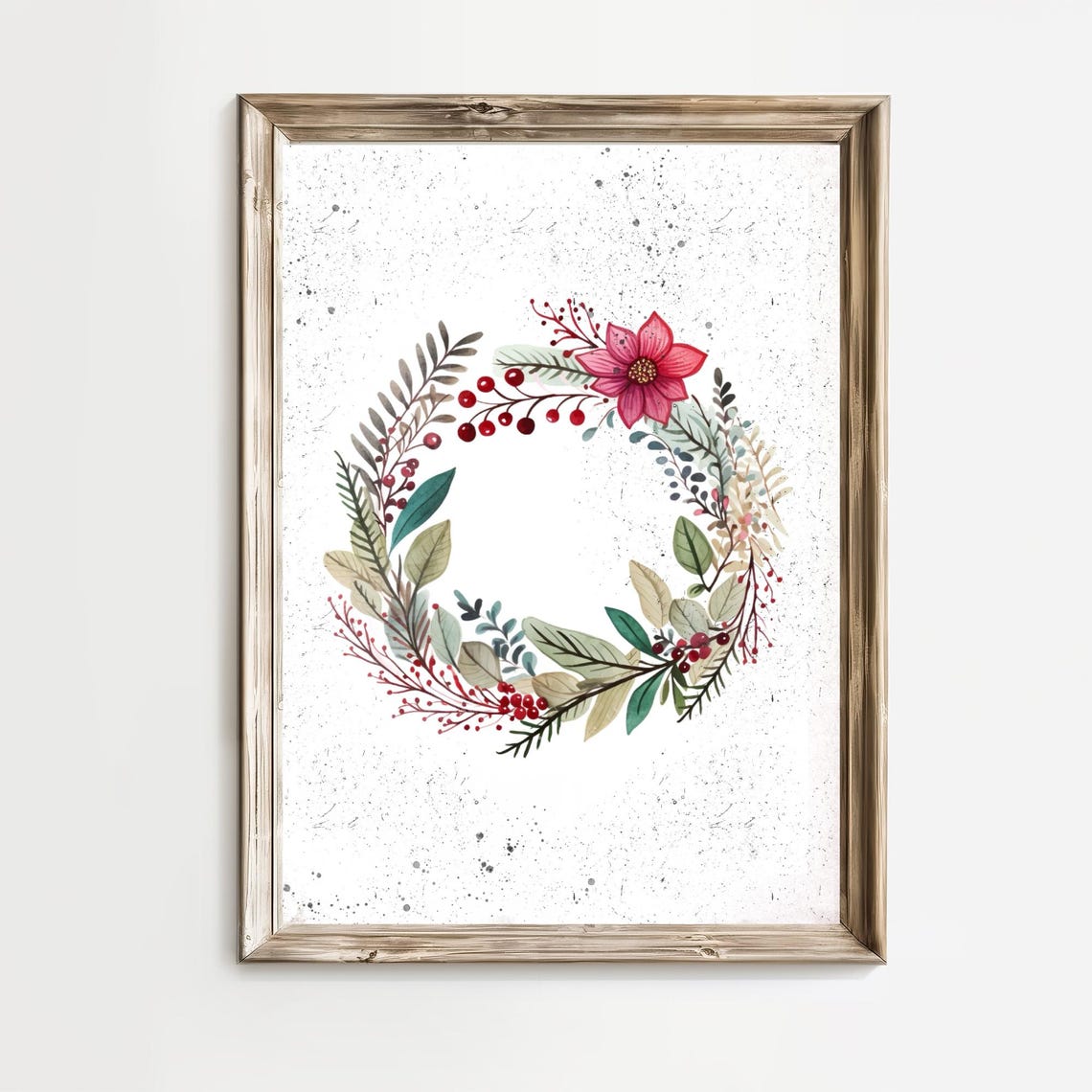 Red Berries Floral Wreath With a Pink Bloom Watercolor Poster