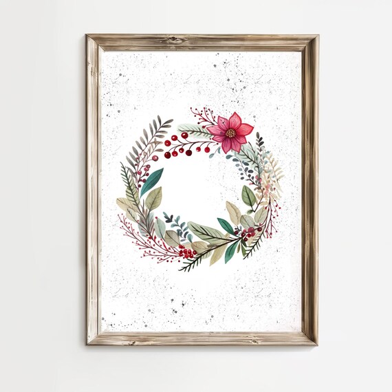 Red Berries Floral Wreath With a Pink Bloom Watercolor Poster