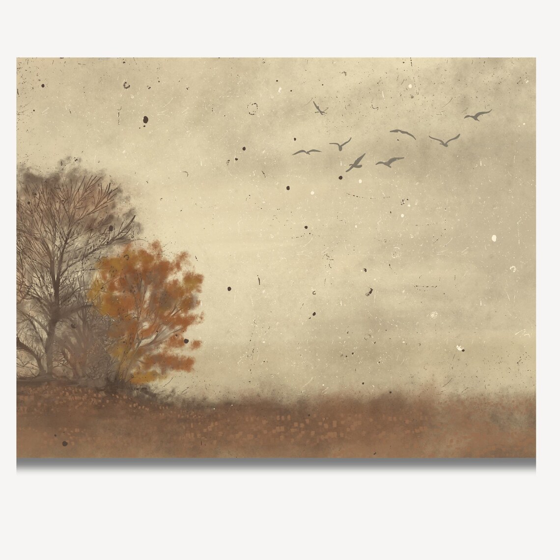 Flock Of Birds Over Lone Autumn Tree In Misty Landscape Wall Art - Image 2