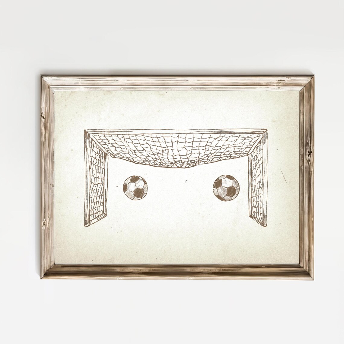 Soccer Goal With Two Balls Sepia Sketch Vintage Sports Nursery Poster