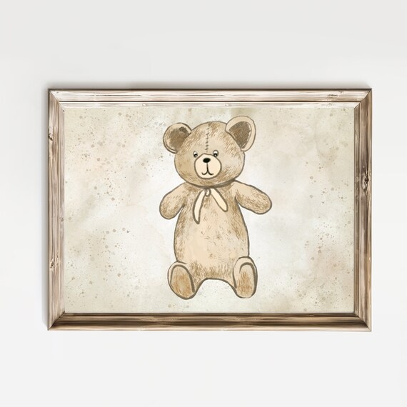 Standing Vintage Teddy Bear With Neck Bow Sepia Sketch Poster