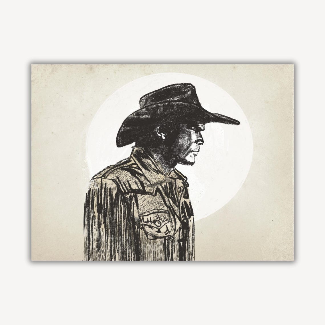 Cowboy Profile Against the Moon in Vintage Western Art Poster - Image 2