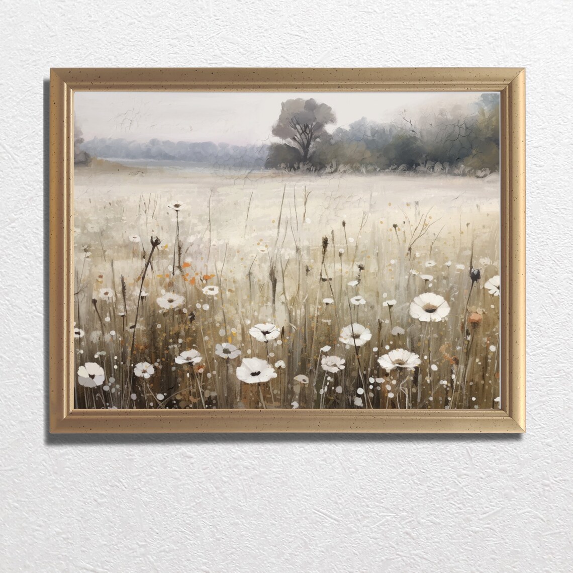 White Wildflowers Misty Meadow Vintage Landscape Oil Painting Poster - Image 4