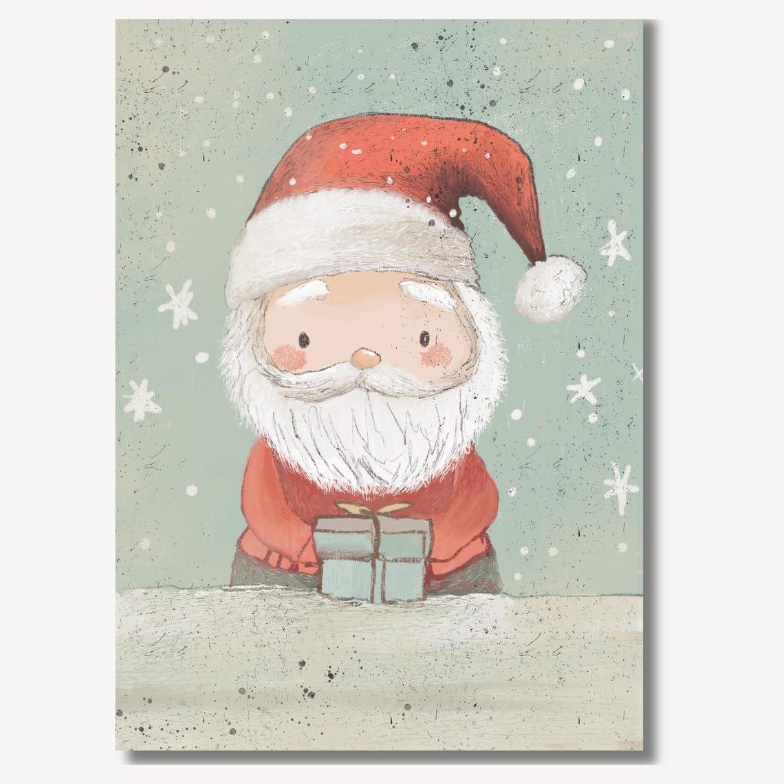 Watercolor Santa Holding Gift in Snowfall Christmas Art Print - Image 2