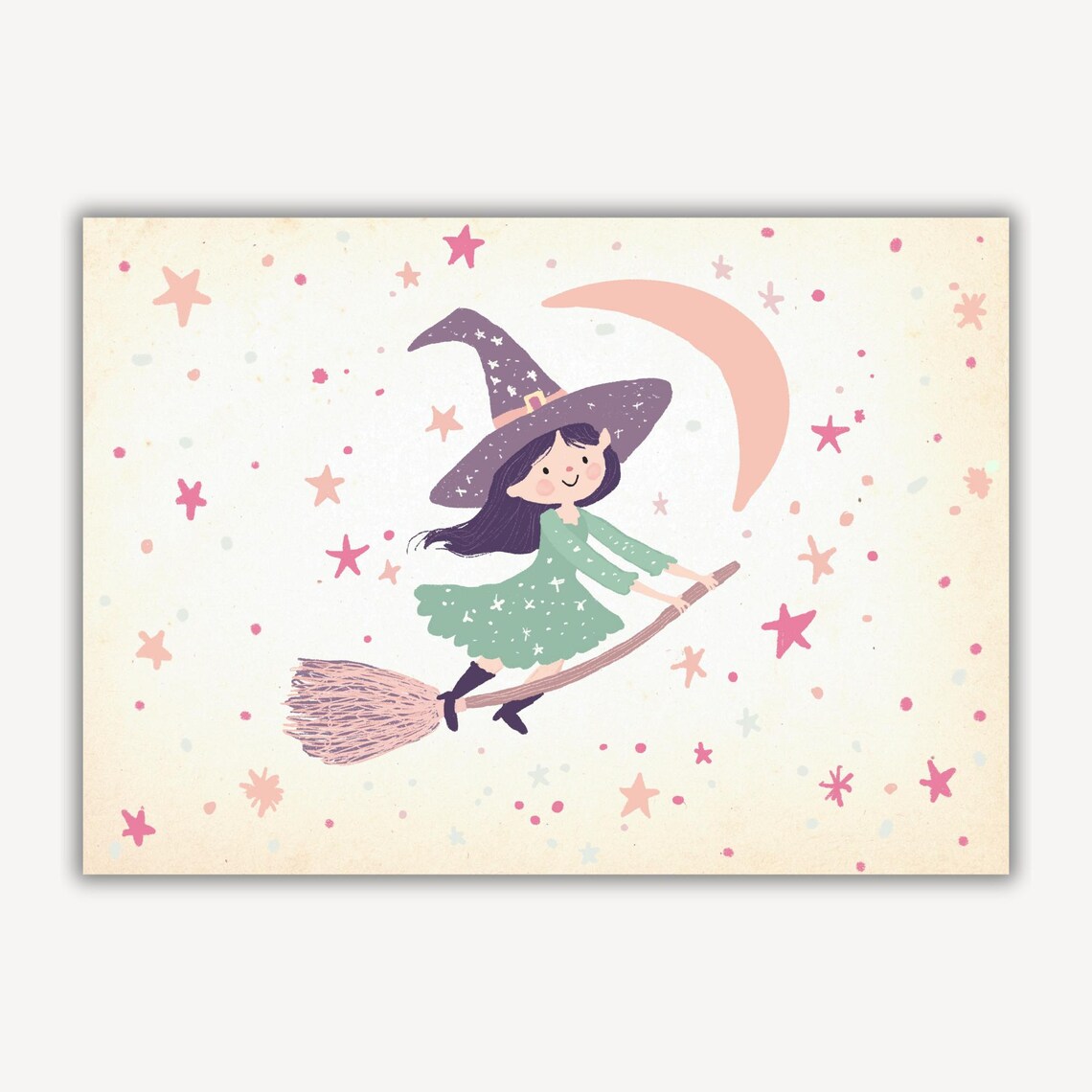 Friendly Witch Broomstick Pastel Moon Cute Halloween Nursery Poster - Image 2