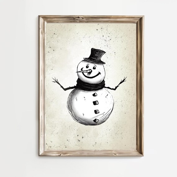 Smiling Snowman With Tall Black Top Hat and Scarf Vintage Poster