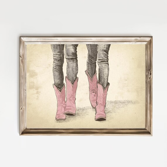 Pink Cowboy Boots with Jeans Vintage Western Sketch Art Print
