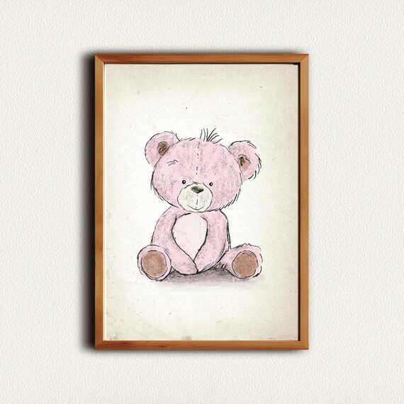 Soft Pink Teddy Bear Sketch Vintage Nursery Baby Room Art Poster
