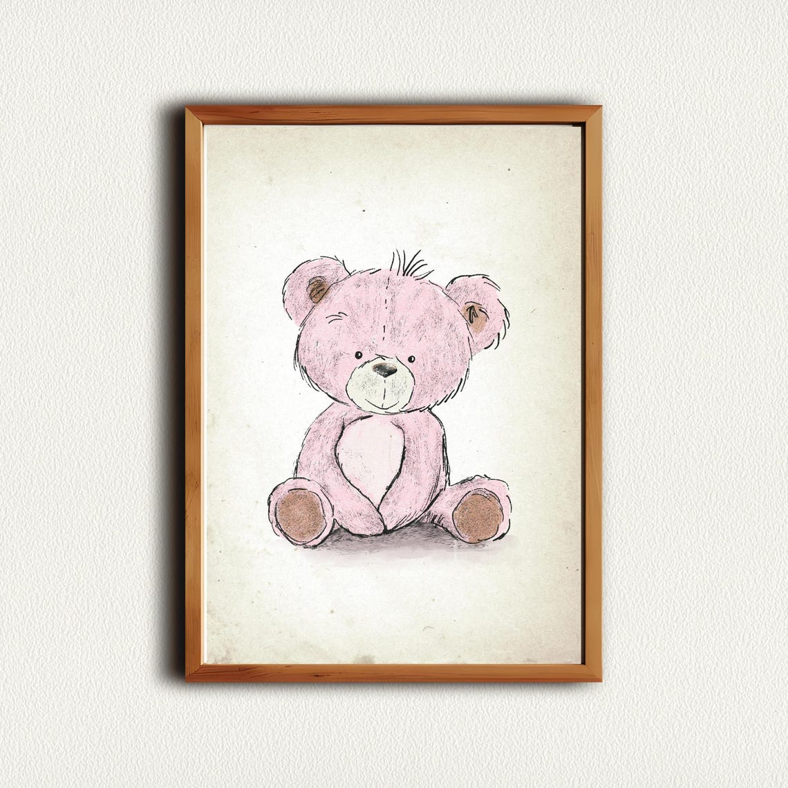 Soft Pink Teddy Bear Sketch Vintage Nursery Baby Room Art Poster