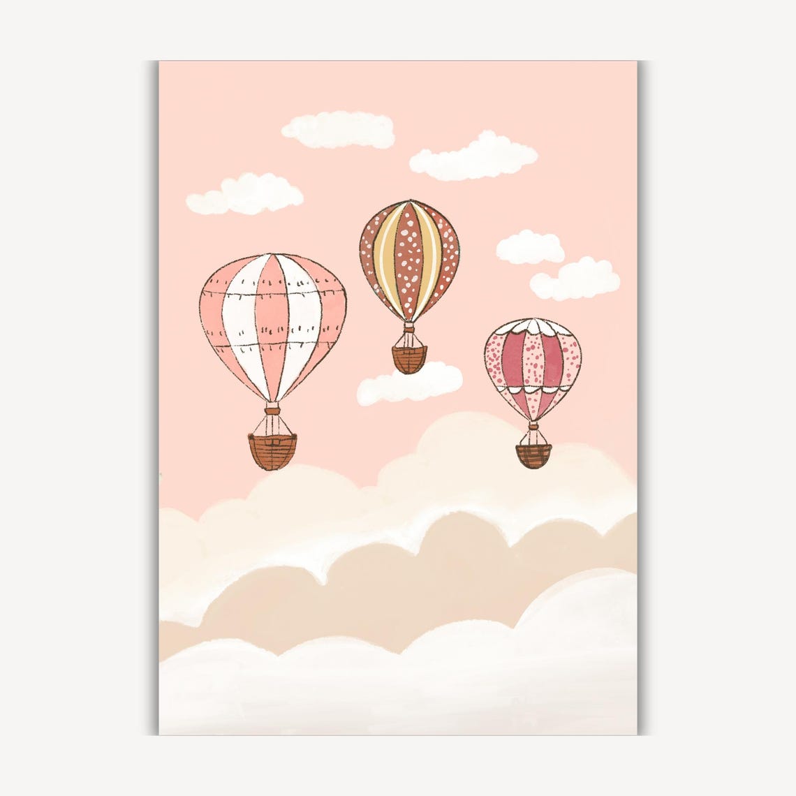 Three Pink Hot Air Balloons Floating Among Clouds Nursery Poster - Image 3