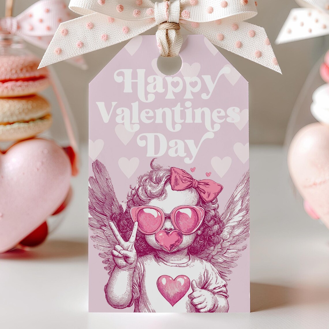 Happy Valentines Day Cupid Gift Tag Pink Favor Tag Card Print