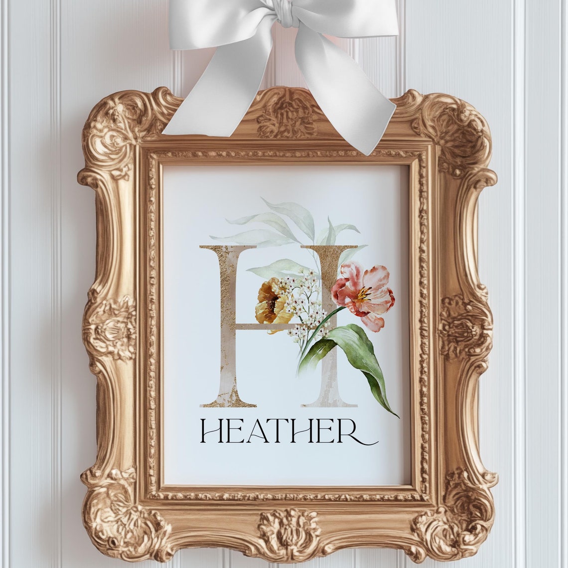 Floral Letter H Watercolor Monogram Personalized Name Nursery Wall Art