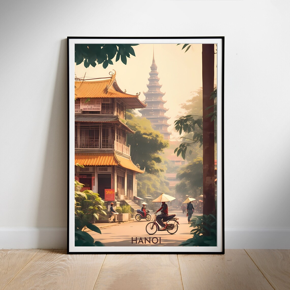 Hanoi Vietnam Old Quarter Cyclist Pagoda Street Retro Travel Poster