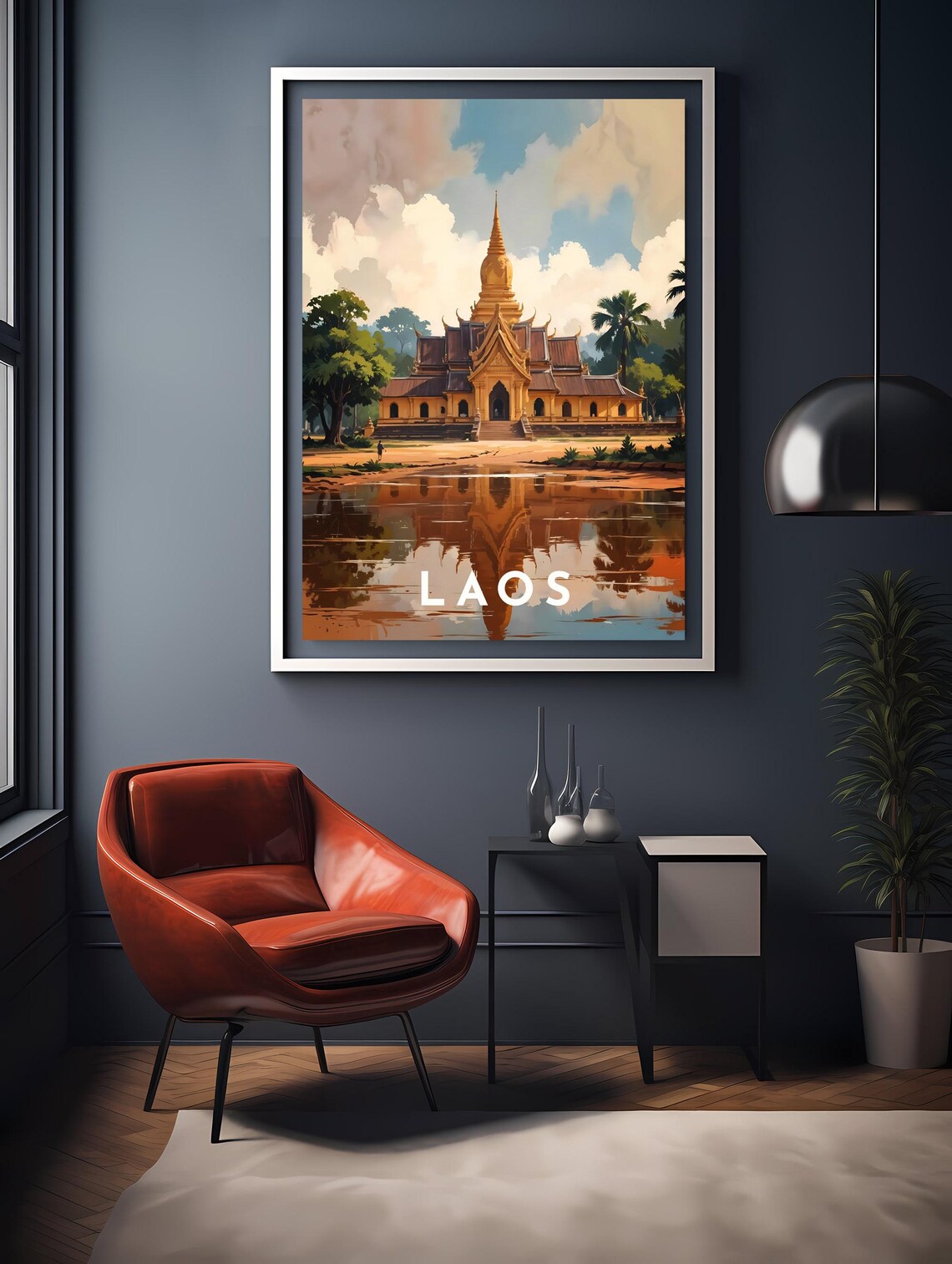 Sacred Laos Golden Temple Lake Reflection Retro Travel Poster - Image 2