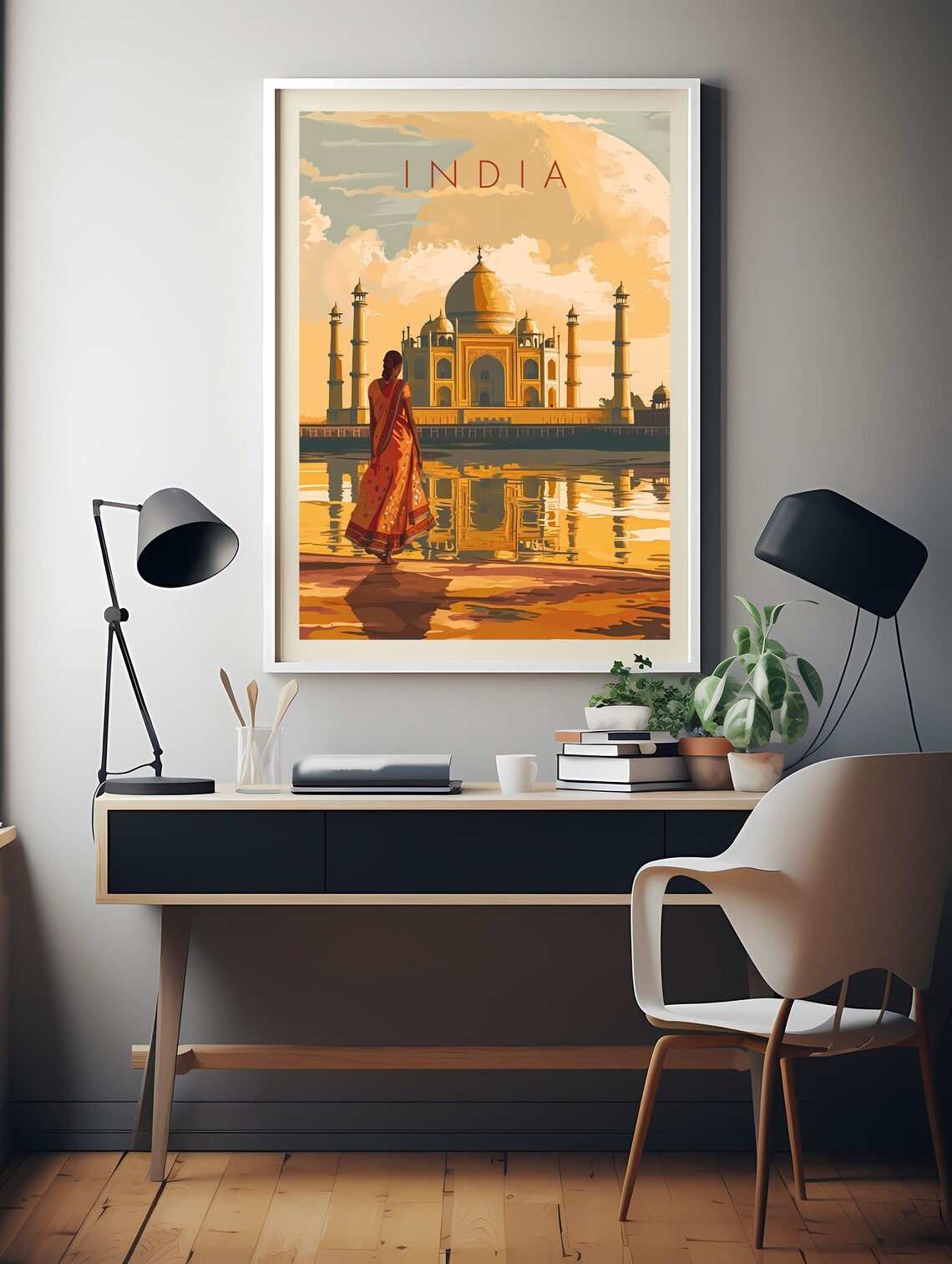 India Taj Mahal Golden Hour with Woman in Sari Travel Poster - Image 2