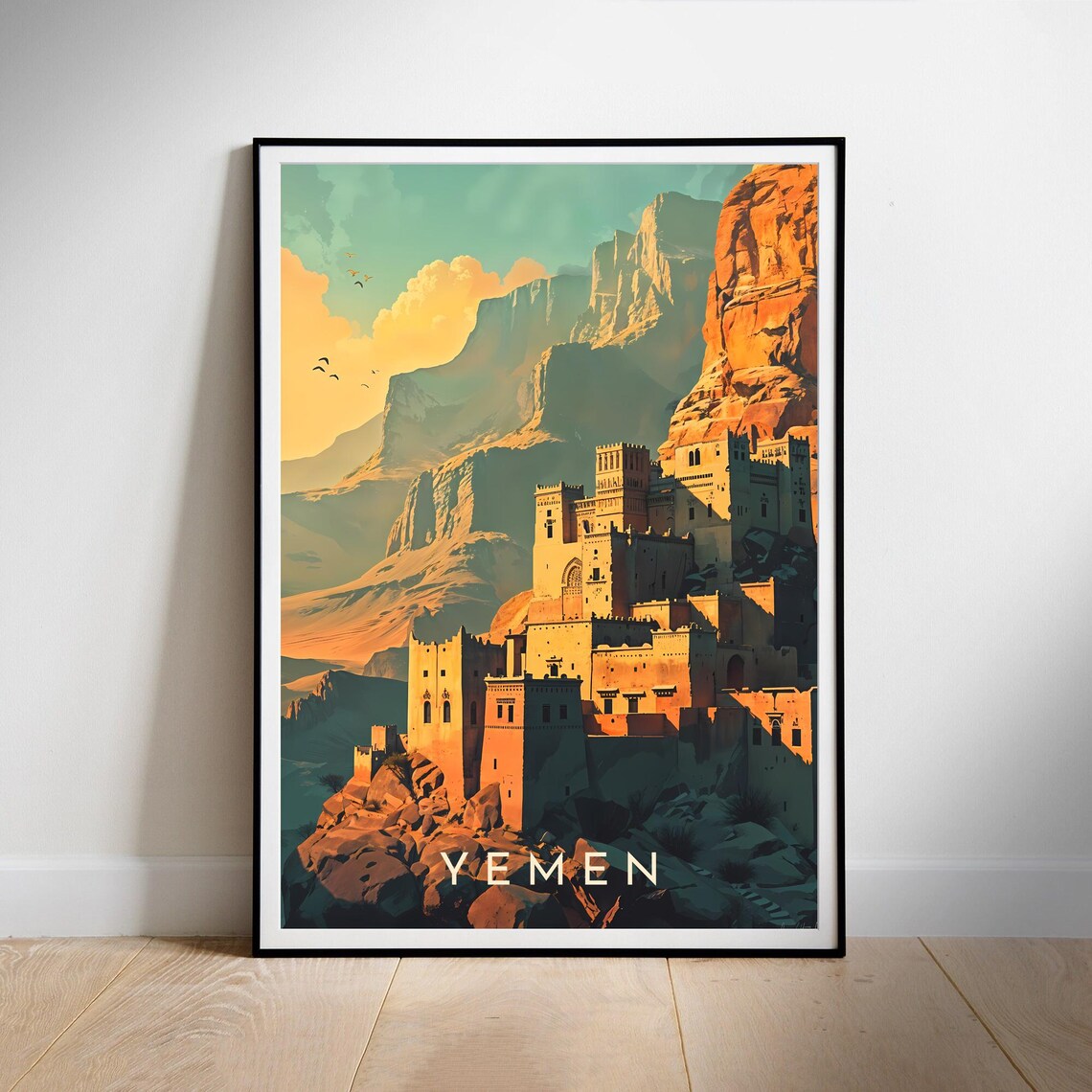 Yemen Cliffside Village Ancient Stone Towers Golden Desert Poster
