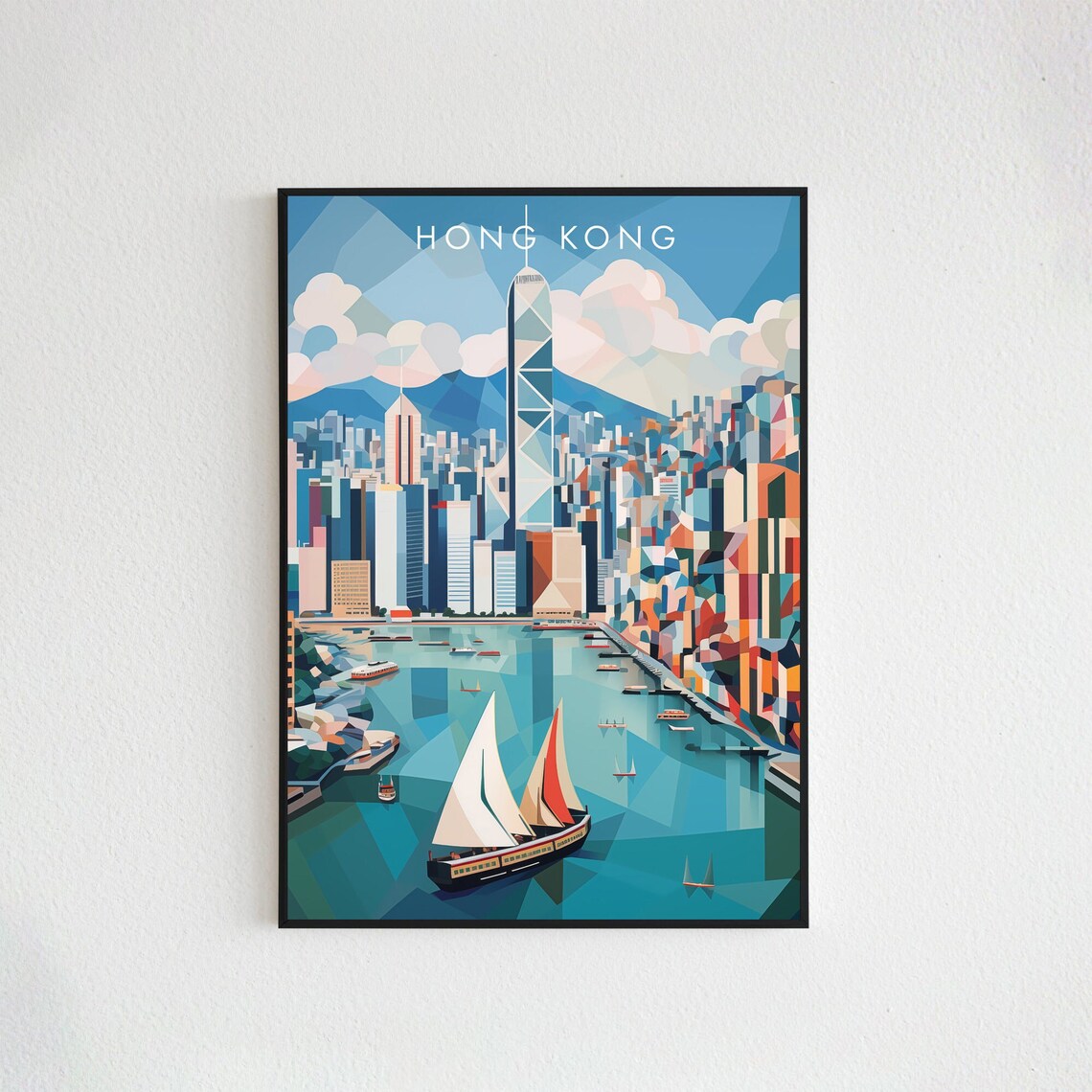 Hong Kong Victoria Harbour Geometric Skyline Sailboat Travel Poster
