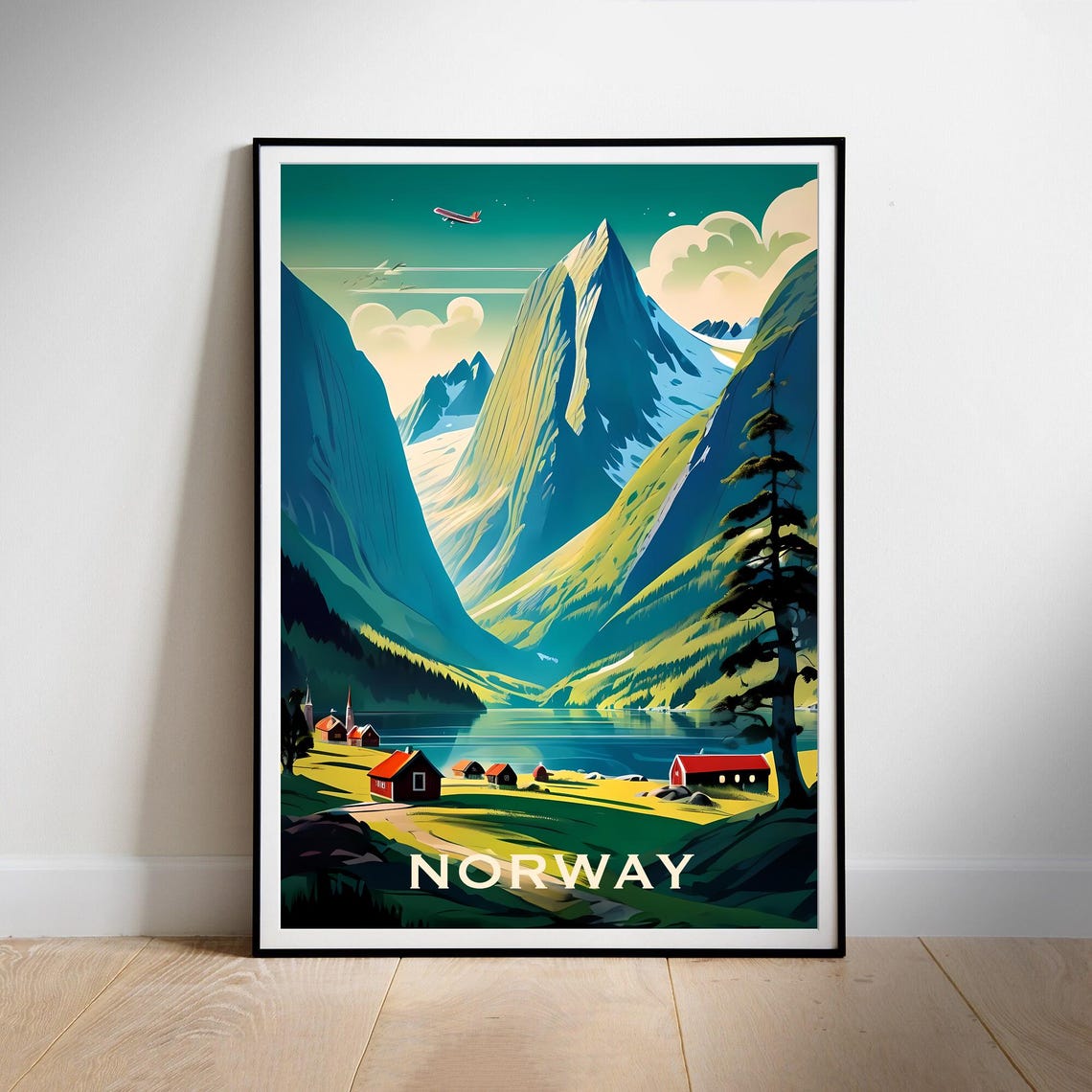 Norway Fjord Red Cabins Mountain Retro Scandinavia Travel Poster