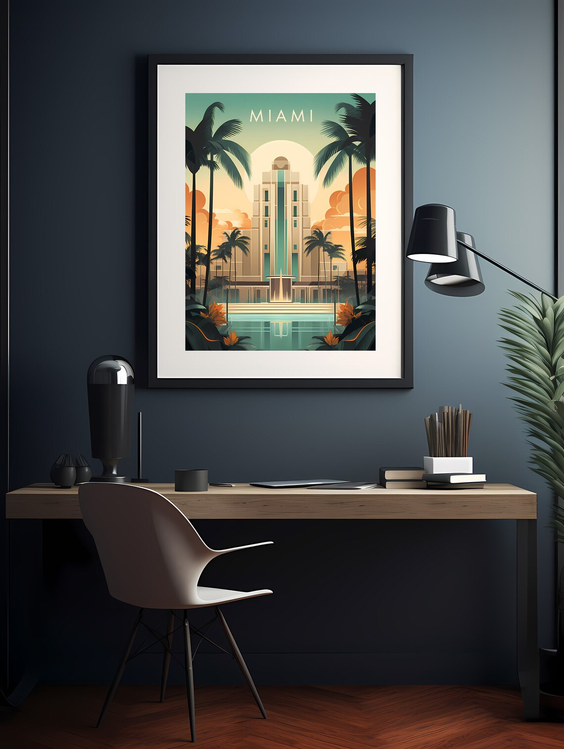 Miami Art Deco Hotel at Sunset Palm Trees Retro Travel Poster - Image 2