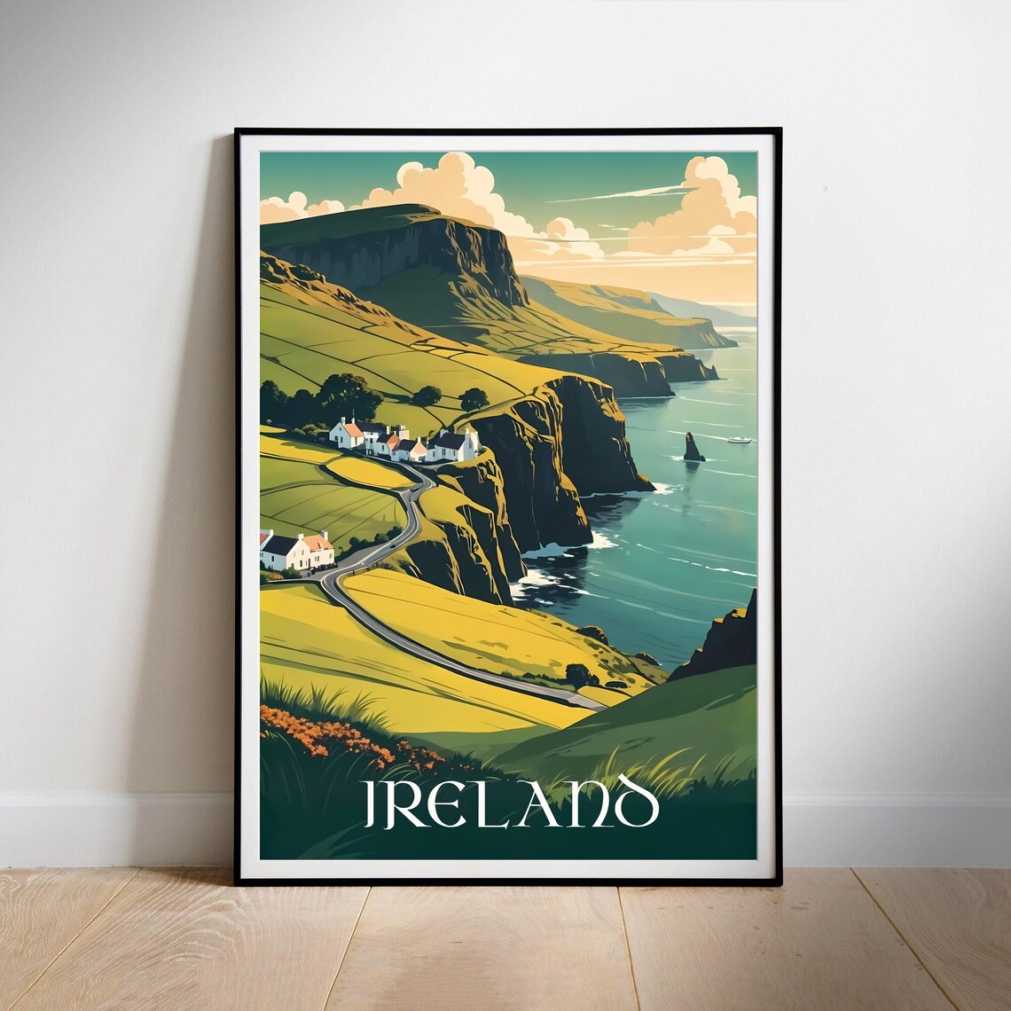 Ireland Emerald Cliffs Coastal Cottages Green Hills Travel Poster