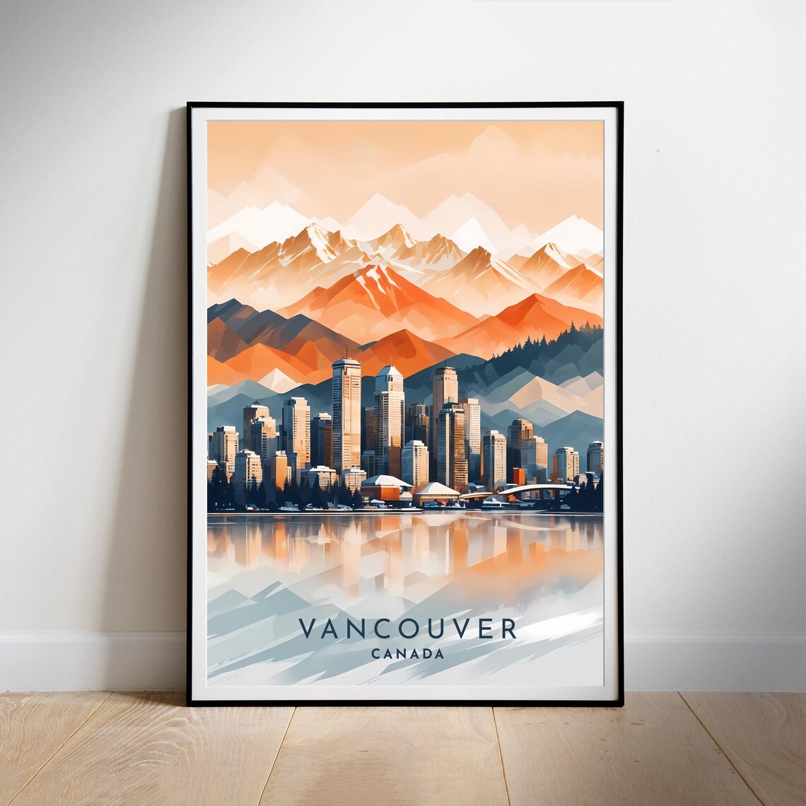 Vancouver Canada Skyline Snowy Mountain Reflection Travel Poster