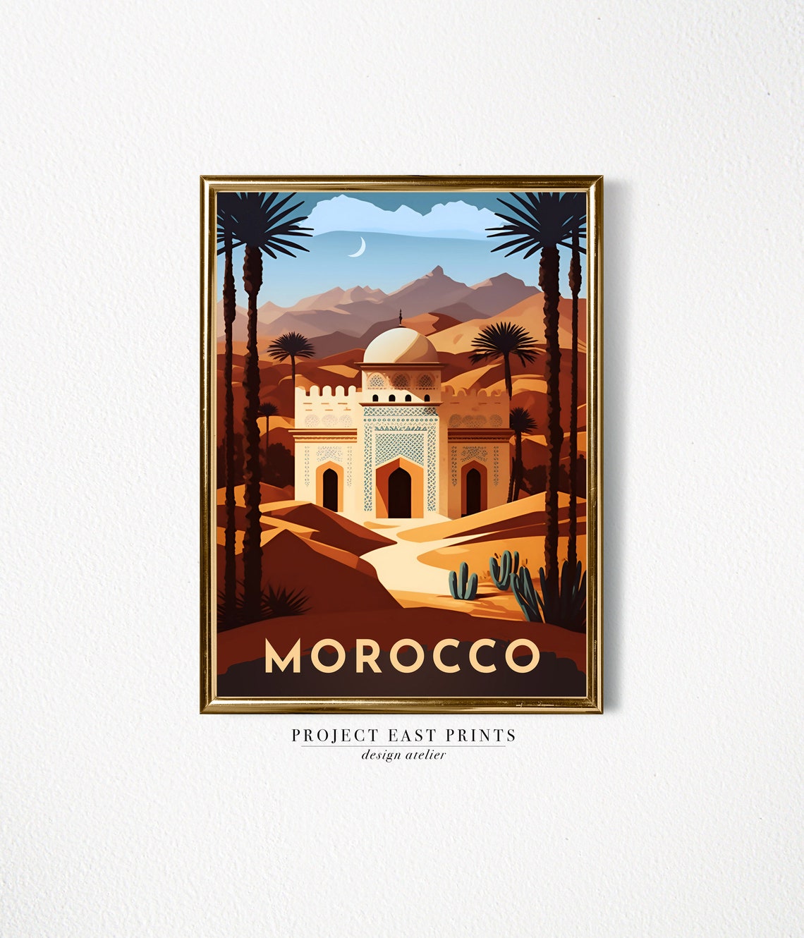 Morocco Desert Oasis Palace Moonlight Dunes Vintage Travel Poster