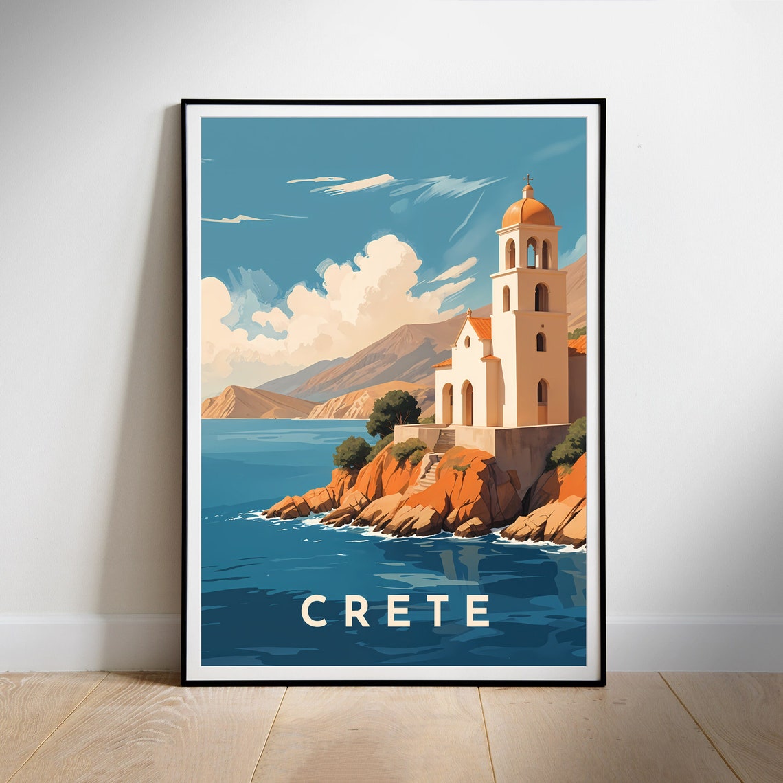 Crete Cliffside Church Aegean Sea Retro Greece Island Travel Poster