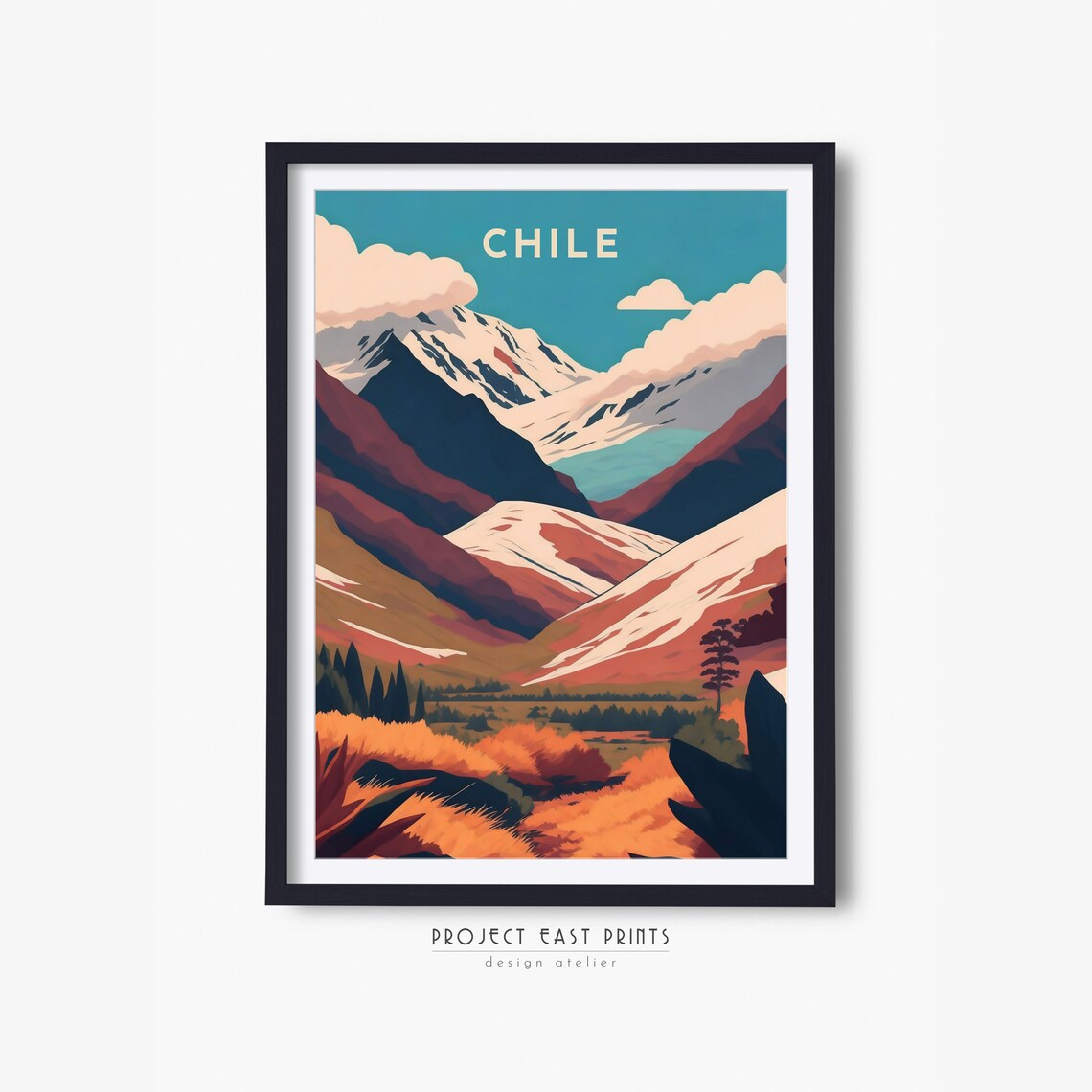 Chile Snow Capped Andes Mountains Retro Travel Poster Sunset