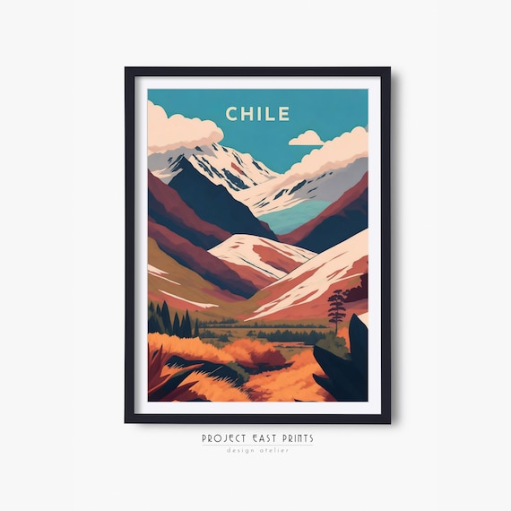 Chile Snow Capped Andes Mountains Retro Travel Poster Sunset
