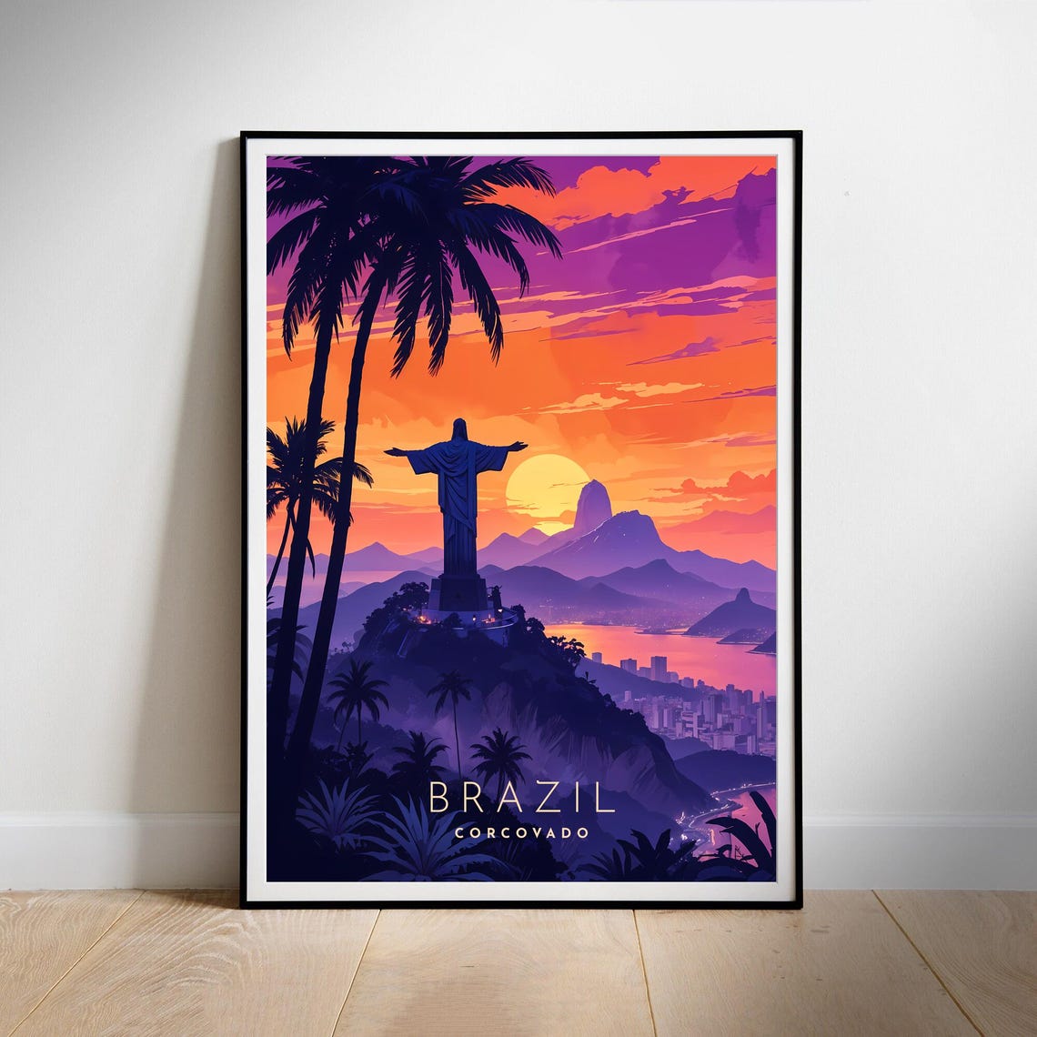 Brazil Corcovado Christ the Redeemer Sunset Silhouette Travel Poster