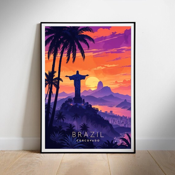 Brazil Corcovado Christ the Redeemer Sunset Silhouette Travel Poster