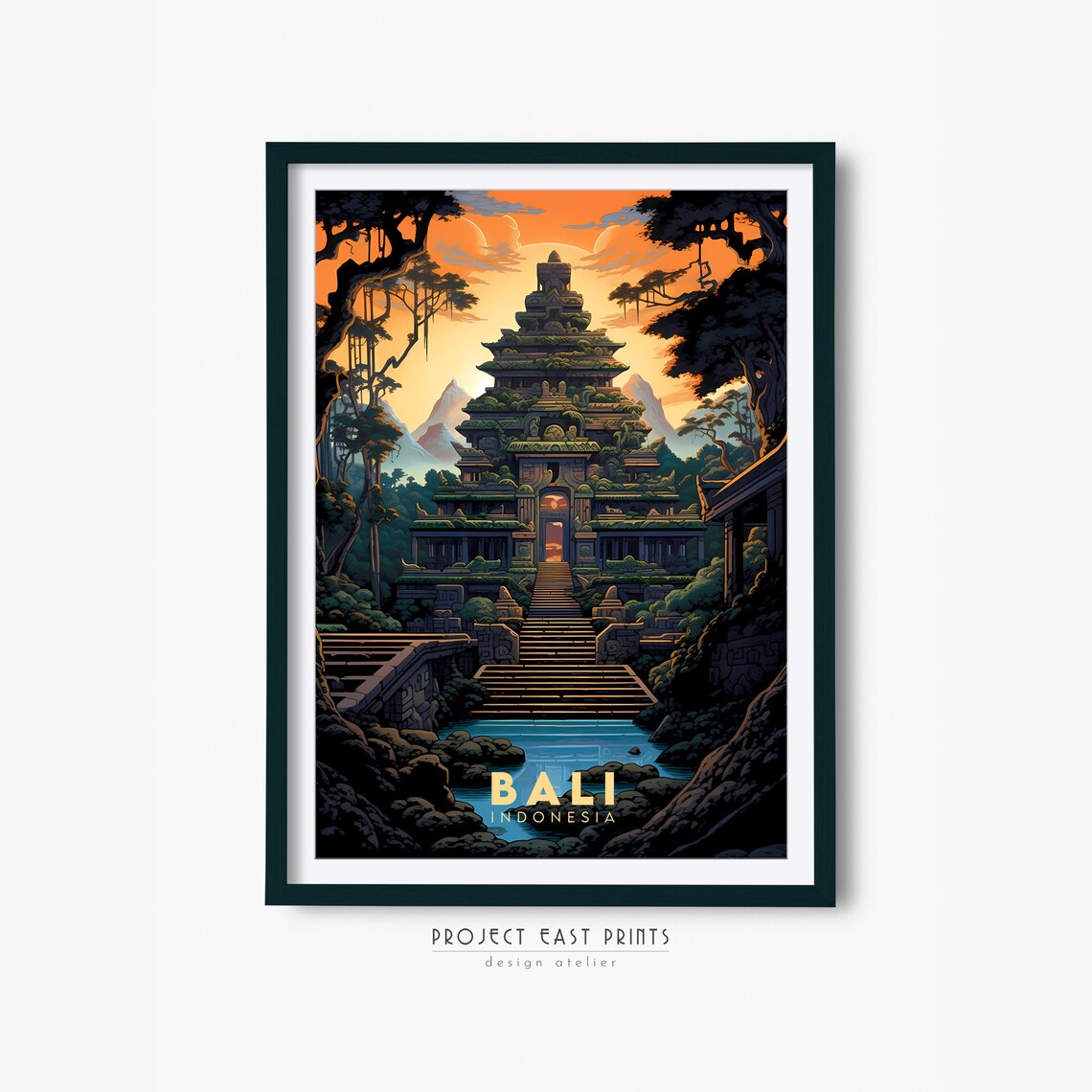 Bali Indonesia Jungle Temple Sunset Retro Travel Souvenir Poster