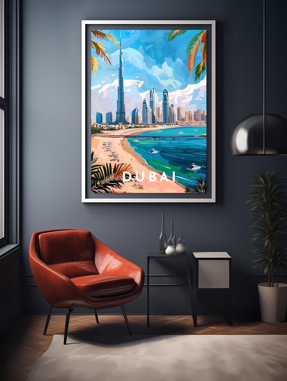 Dubai Beach Skyline Burj Khalifa Palm Trees Marina Travel Poster - Image 2